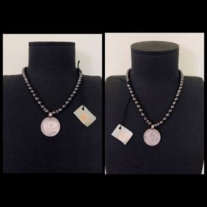 Grey Colored Beads w/One Rupee 1917 Coin Pendant